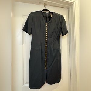 Vintage 90s JSJ Petites Gold Button Sheath Dress with Shoulder Pads (Size 9/10)